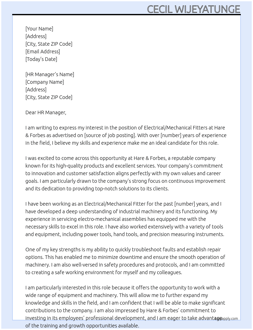 Electrical/Mechanical Fitters At Hare & Forbes Cover Letter