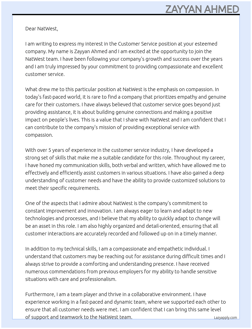 customer service At NatWest Cover Letter