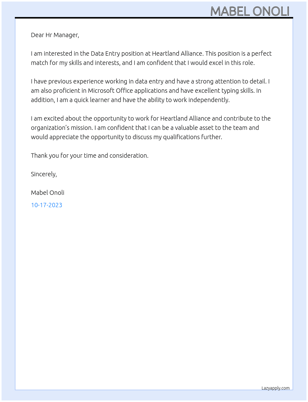 Data Entry At Heartland Alliance Cover Letter