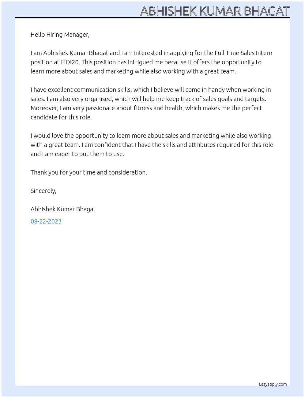  Full Time Sales Intern At FitX20 Cover Letter