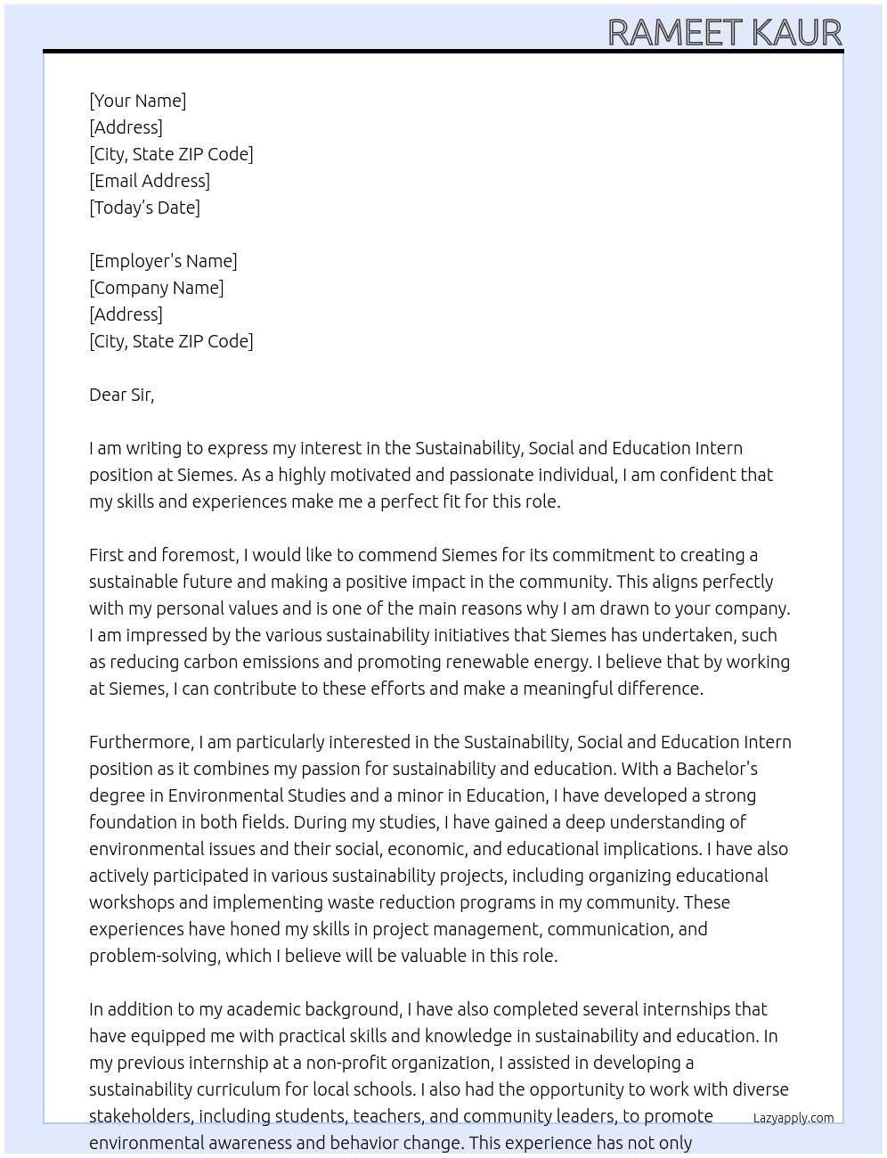 Sustainability, Social and Education Intern At Siemes Cover Letter