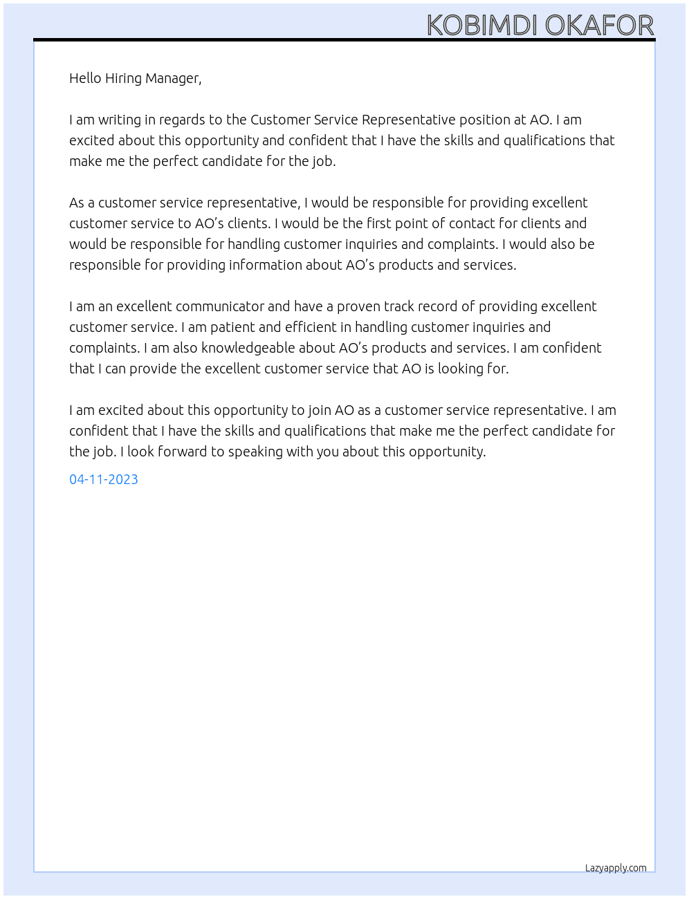 Customer Service Representative At AO Cover Letter