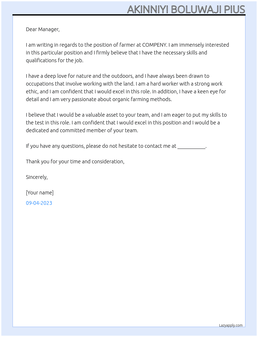 farmer At COMPENY Cover Letter