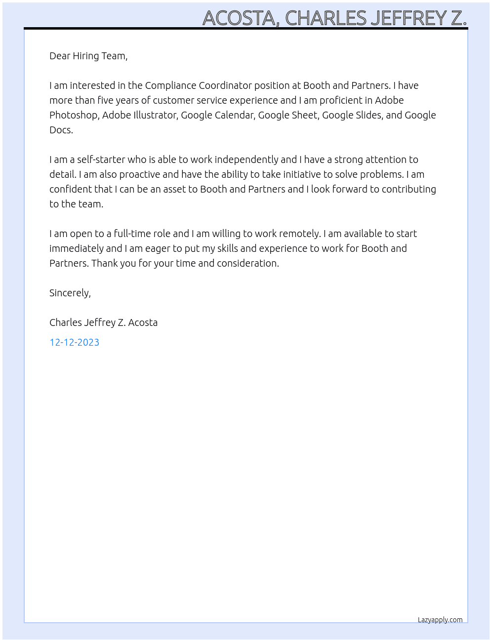 Compliance Coordinator At Booth and Partners Cover Letter