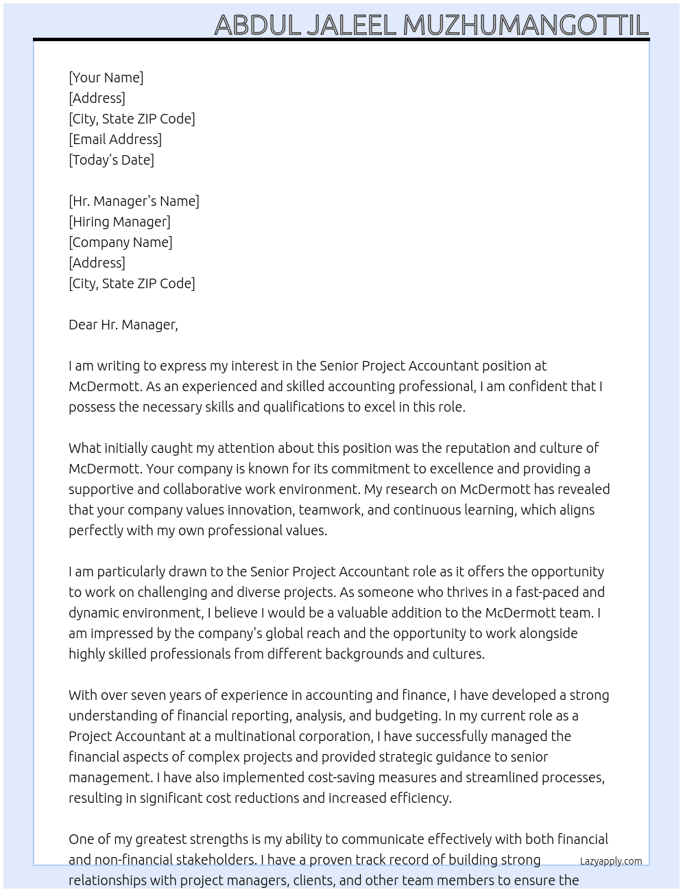 Senior Project Accountant At McDermott Cover Letter