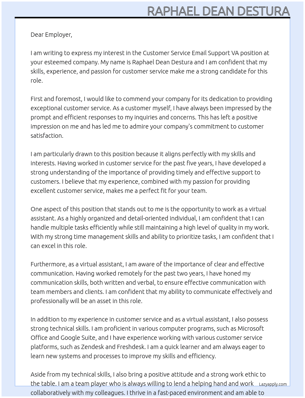 Customer Service Email Support VA At Customer Service Email Support VA Cover Letter