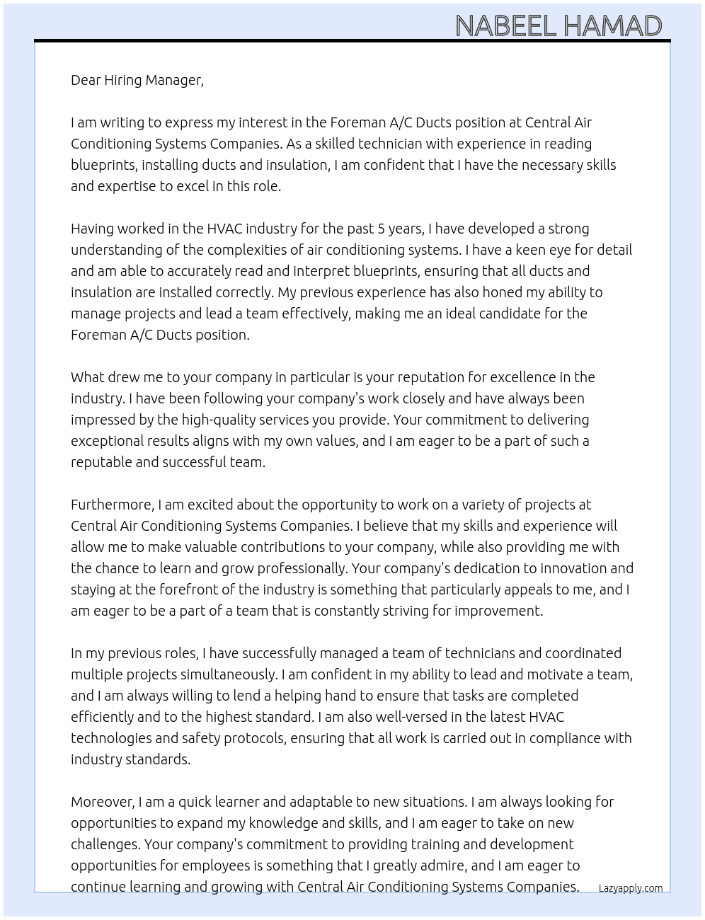 Foreman a\c dacts At Central air conditioning systems companies Cover Letter