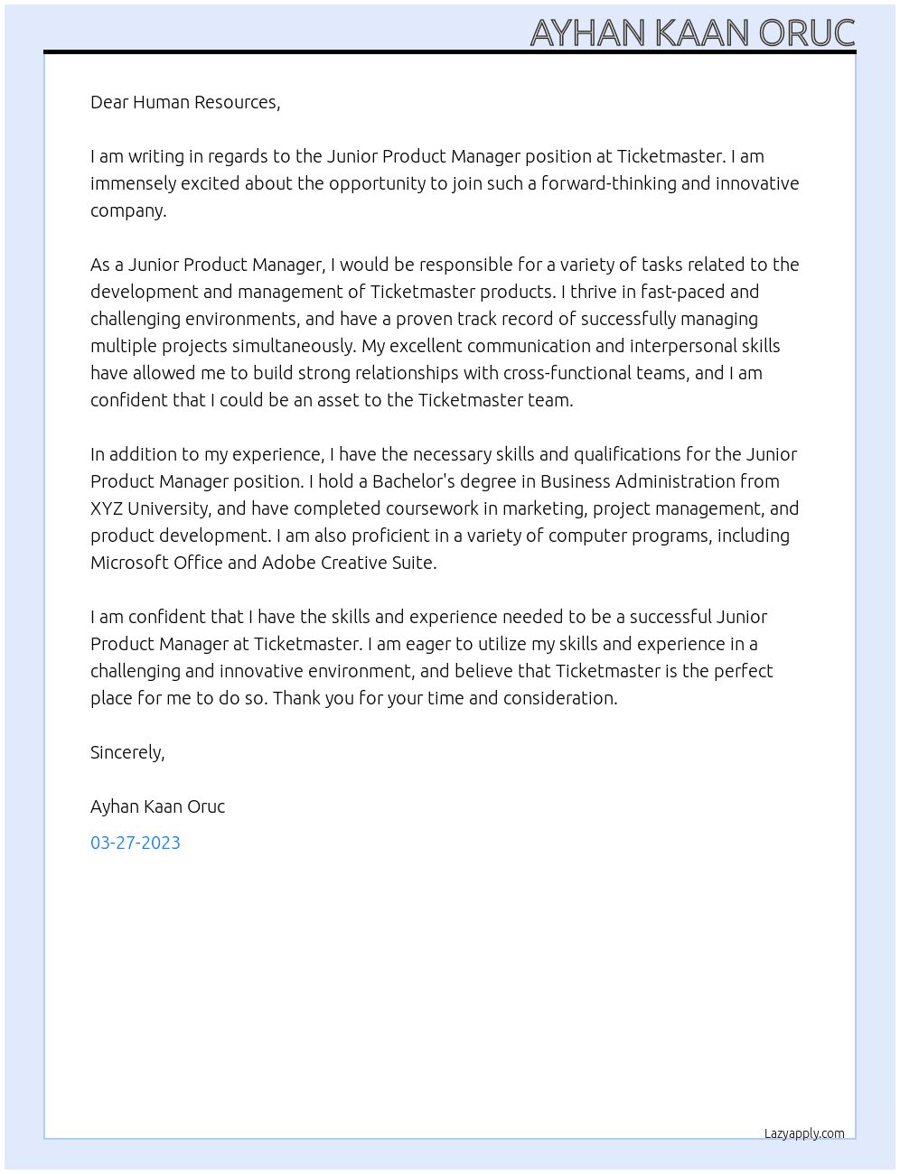 Junior Product Manager At Ticketmaster Cover Letter