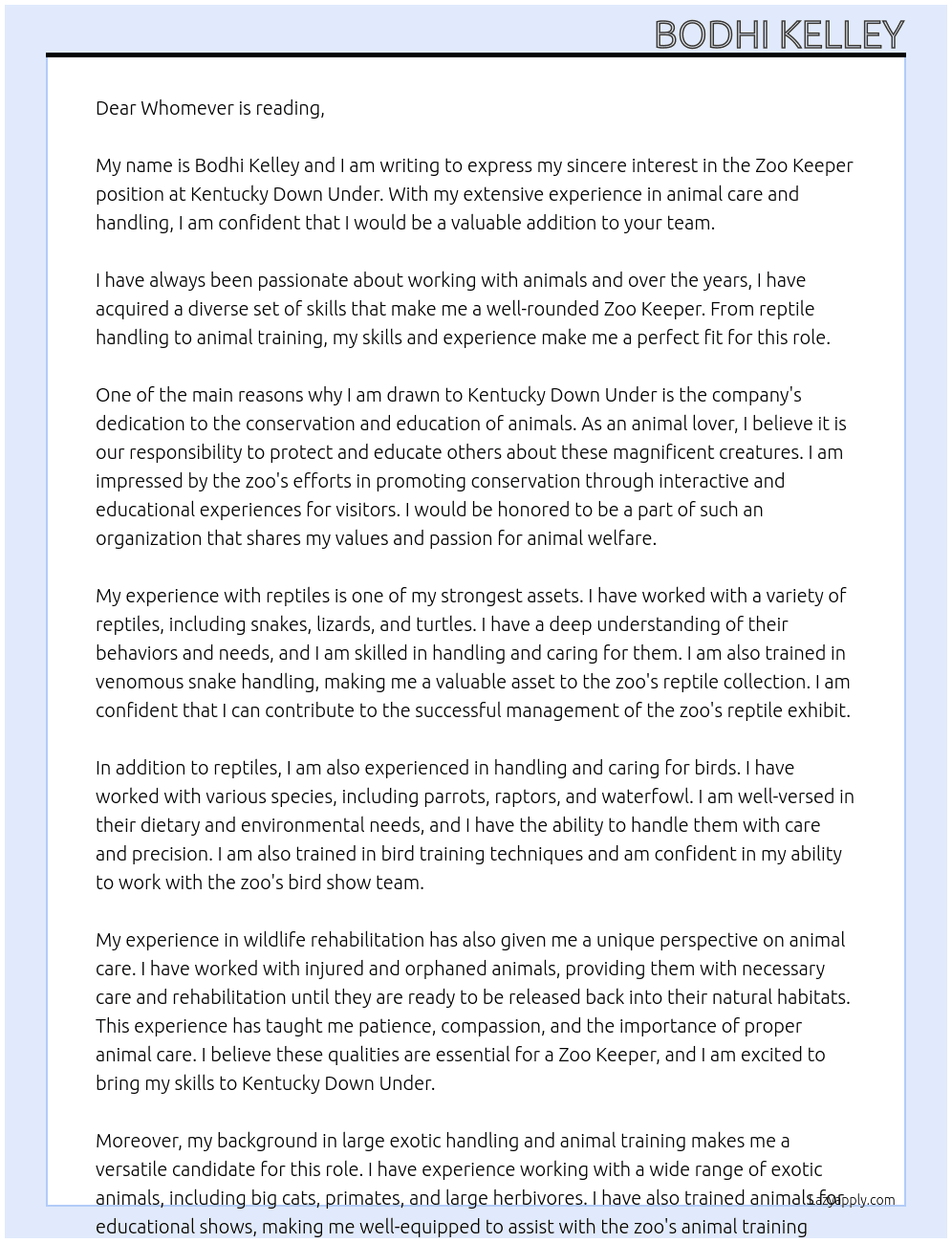 Zoo Keeper At Kentucky Down Under Cover Letter