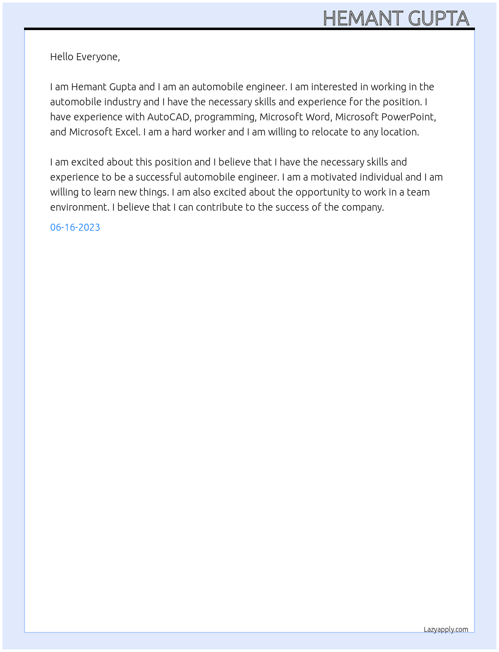 Automobile engineer At Automobile industry  Cover Letter