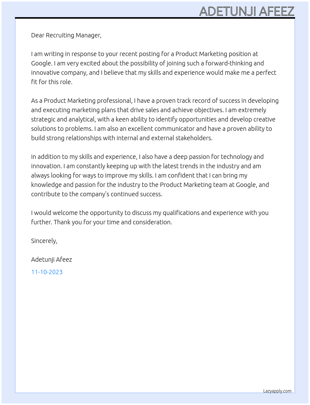 Product Marketing At Google Cover Letter