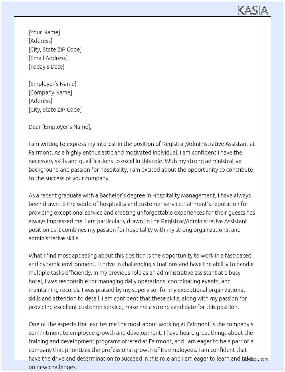 registrar/administrative assistant At fairmont  Cover Letter