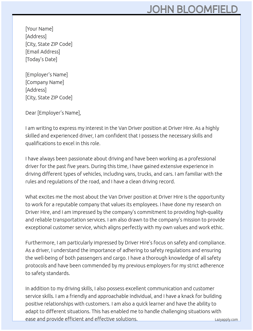 Van driver At Driver hire Cover Letter
