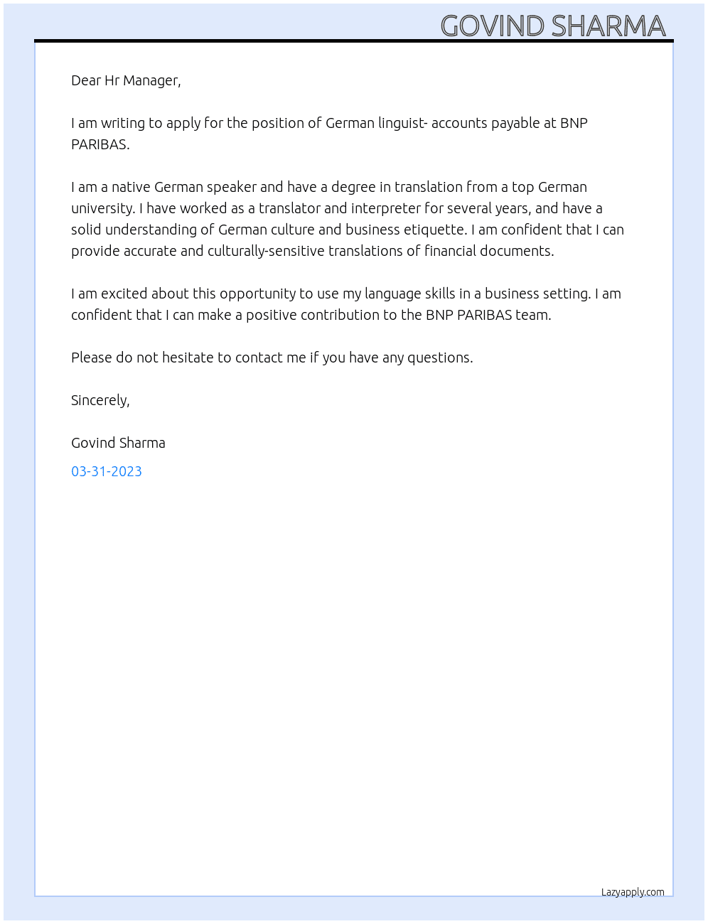 German linguist- accounts payable  At BNP PARIBAS Cover Letter