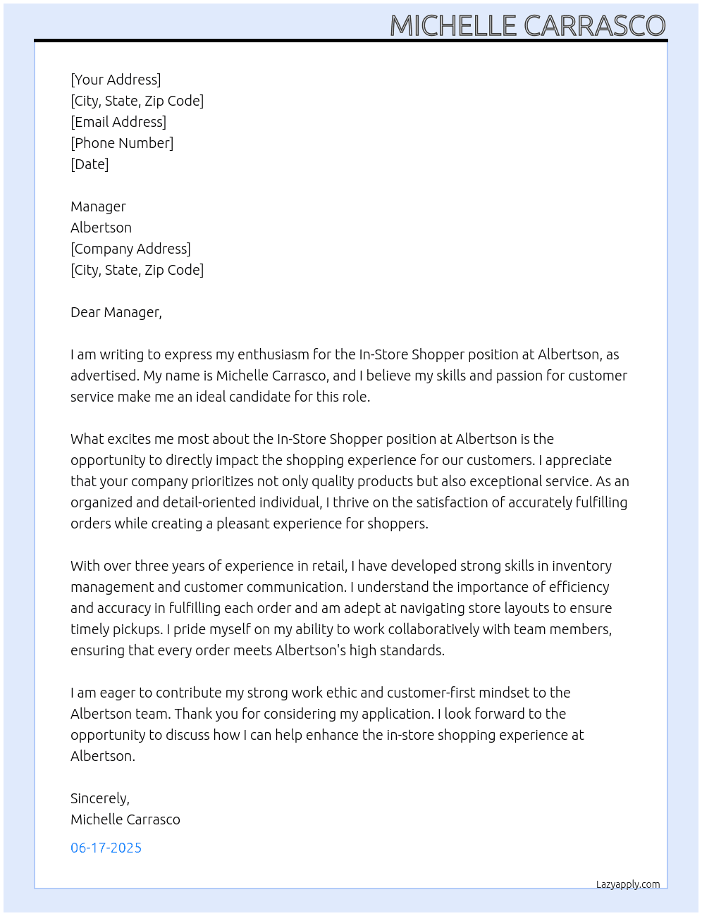 In store shopper At Albertson Cover Letter