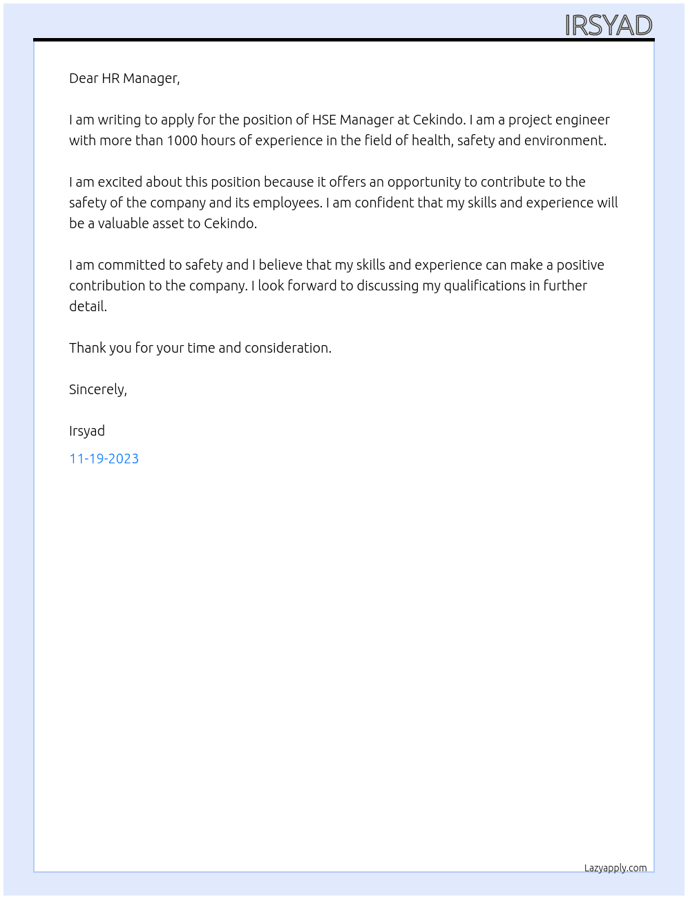 HSE Manager At Cekindo Cover Letter