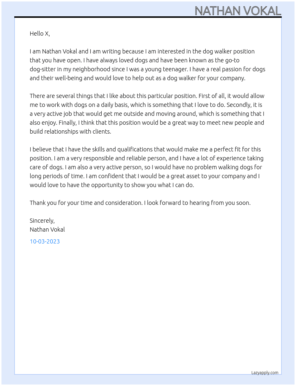 Dog Walker At X Cover Letter
