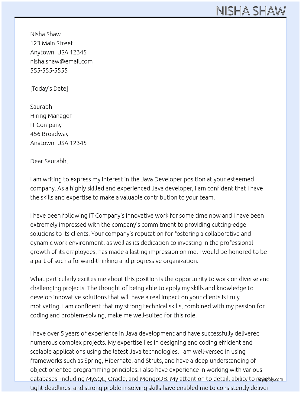 java developer At IT company Cover Letter