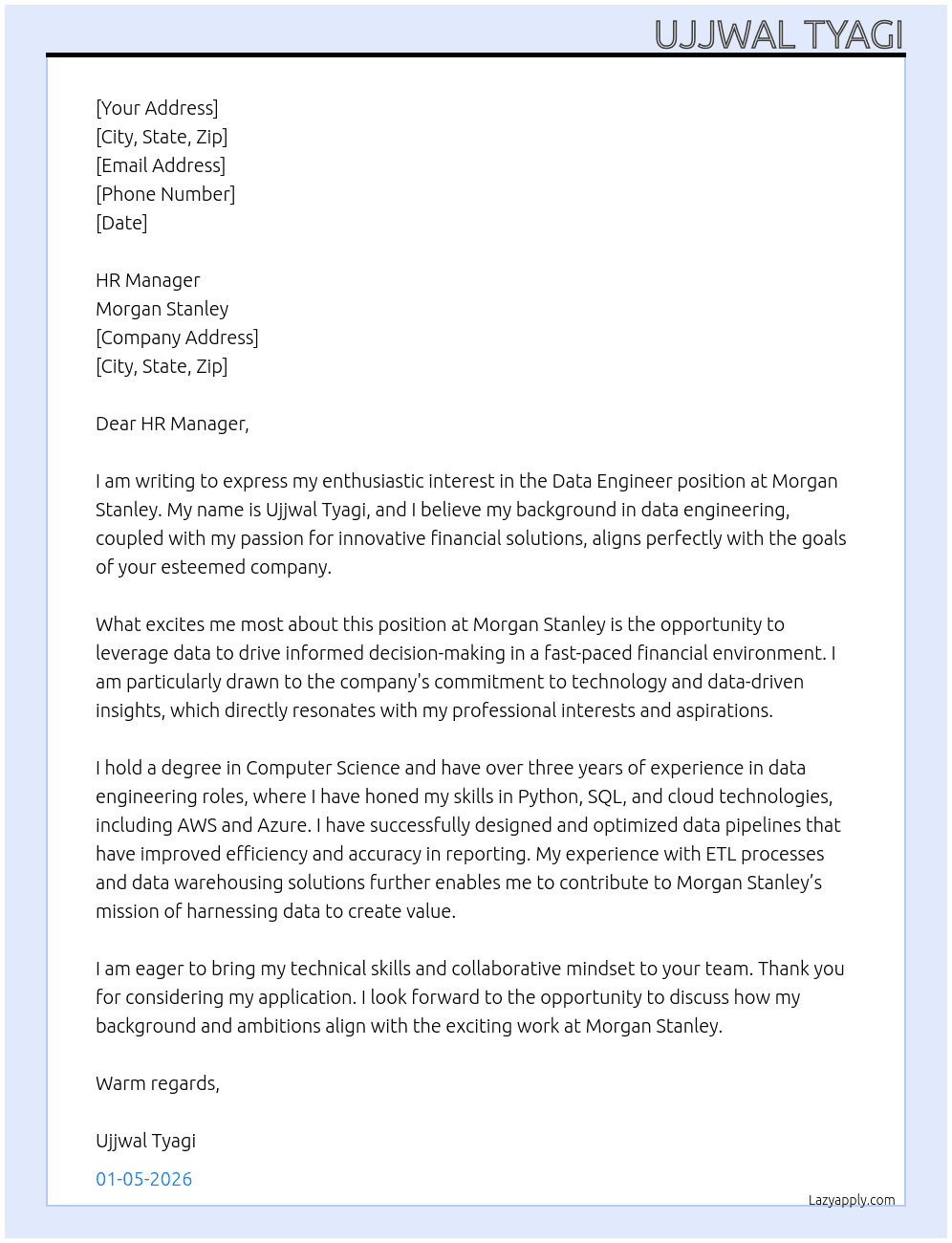 Data Engineer At Morgan Stanley Cover Letter