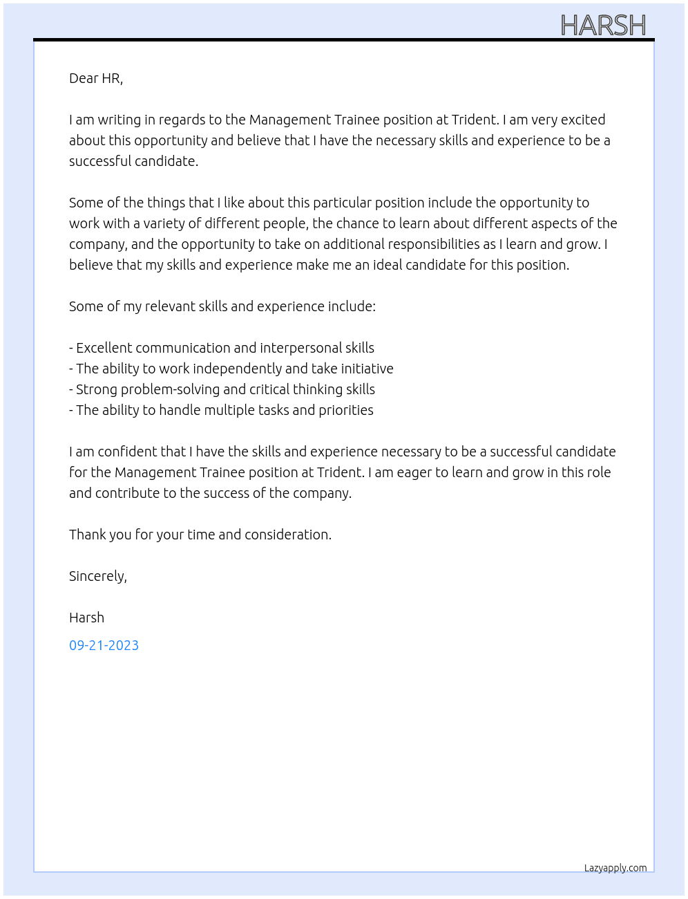 Management Trainee At TRIDENT Cover Letter
