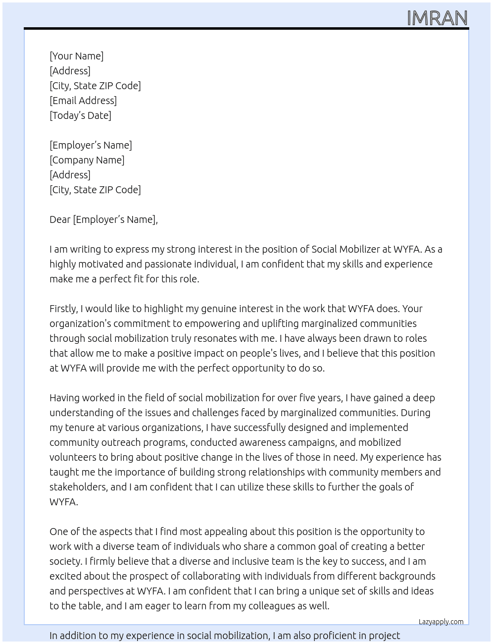 Social mobalizer  At WYFA Cover Letter