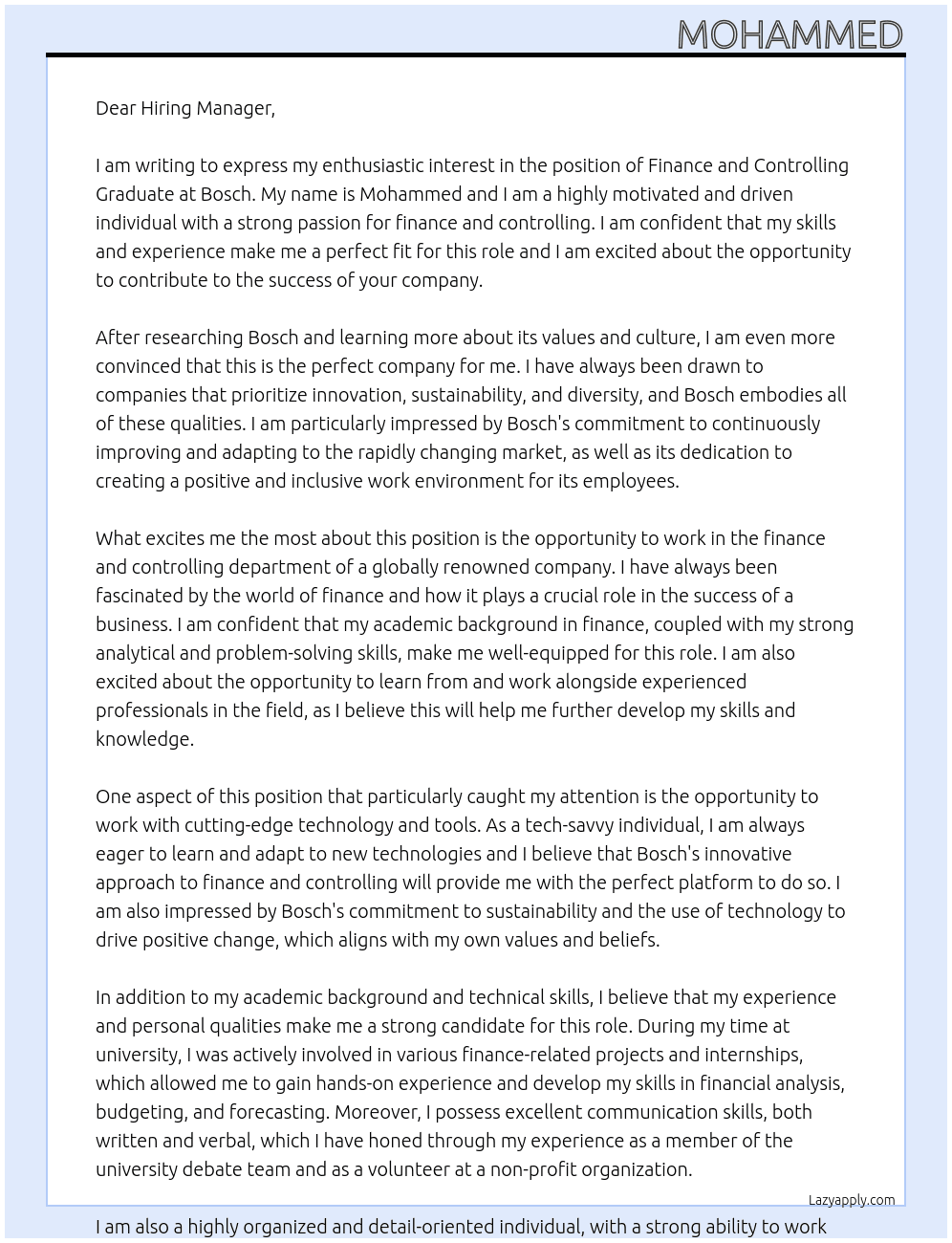 Cover letter for finance and controlling graduate - LazyApply