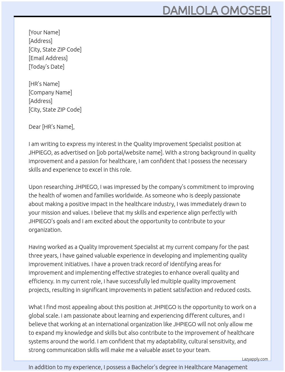 Quality Improvement Specialist At JHPIEGO Cover Letter
