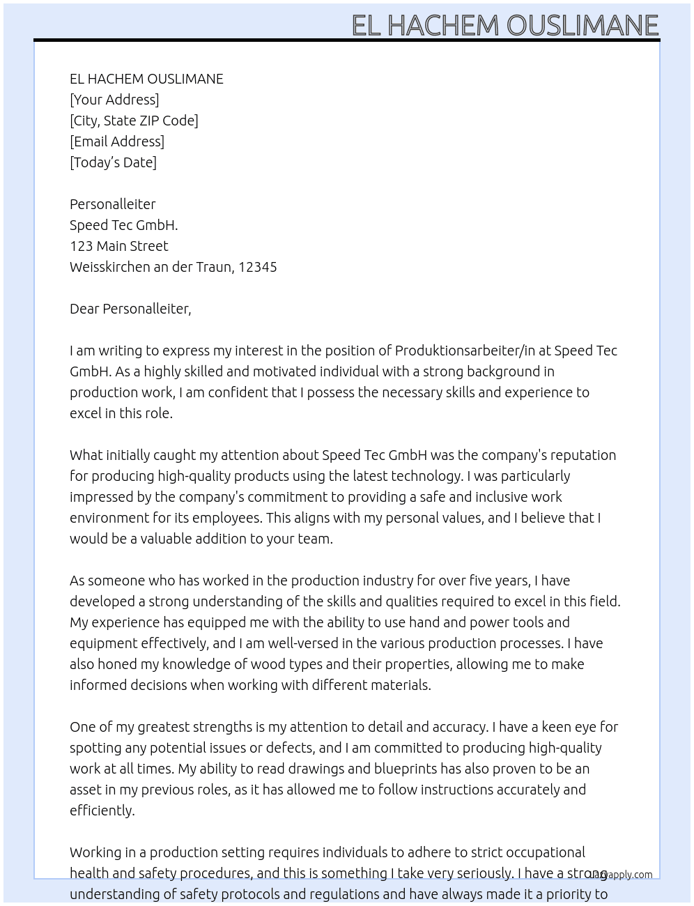Produktionsarbeiter/in At Speed ​​Tec GmbH. Cover Letter