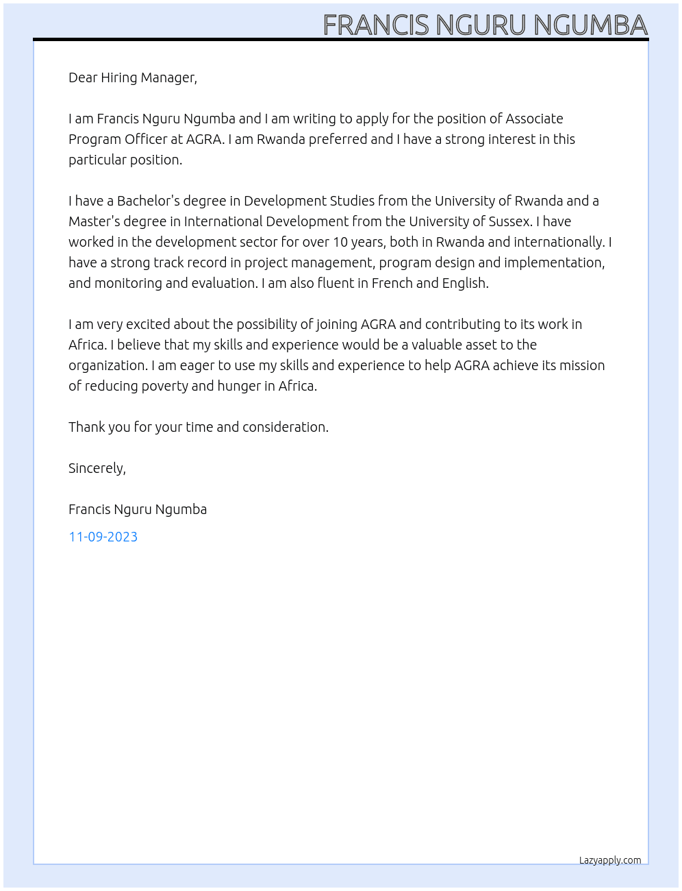 Associate Program Officer At AGRA Cover Letter