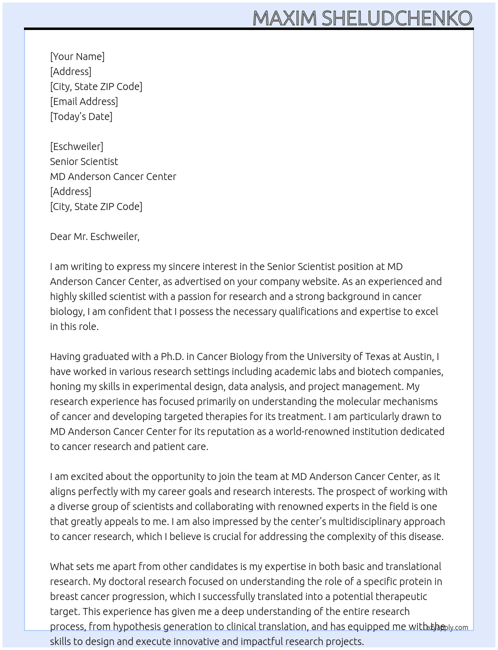 senior scientist At MD Anderson Cancer Center Cover Letter