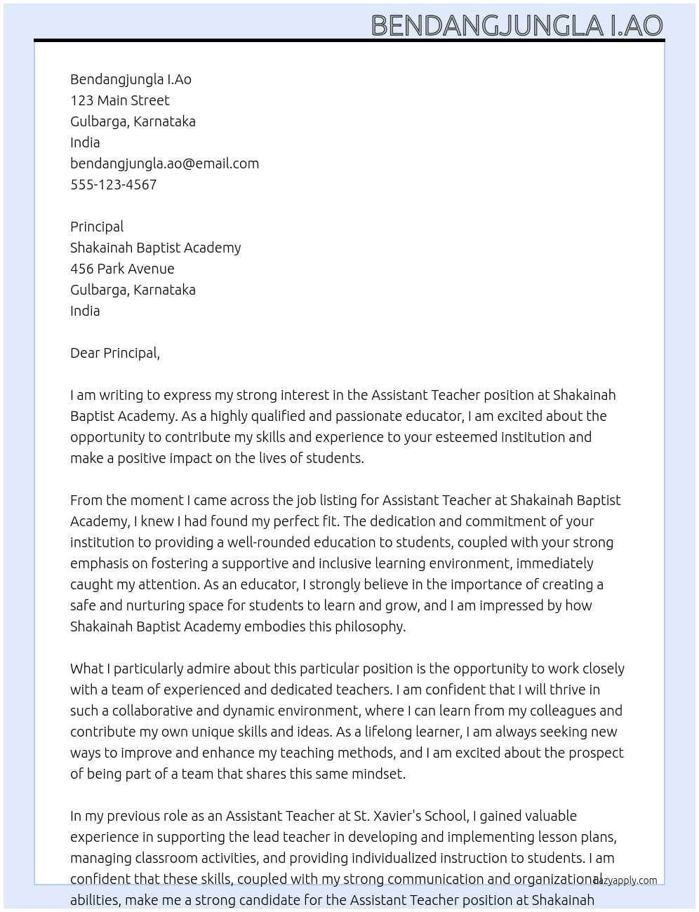 Assistant Teacher At Shakainah Baptist Academy, Gulbarga, Karnataka Cover Letter
