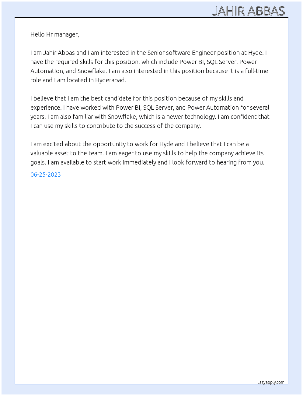 Senior software Engineer At Hyde Cover Letter