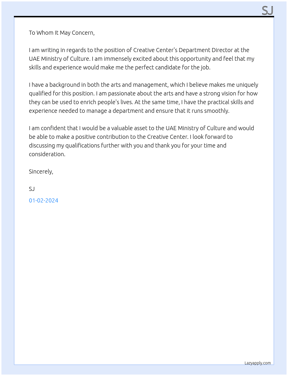 Creative Center's Department Director  At UAE Ministry of Culture Cover Letter