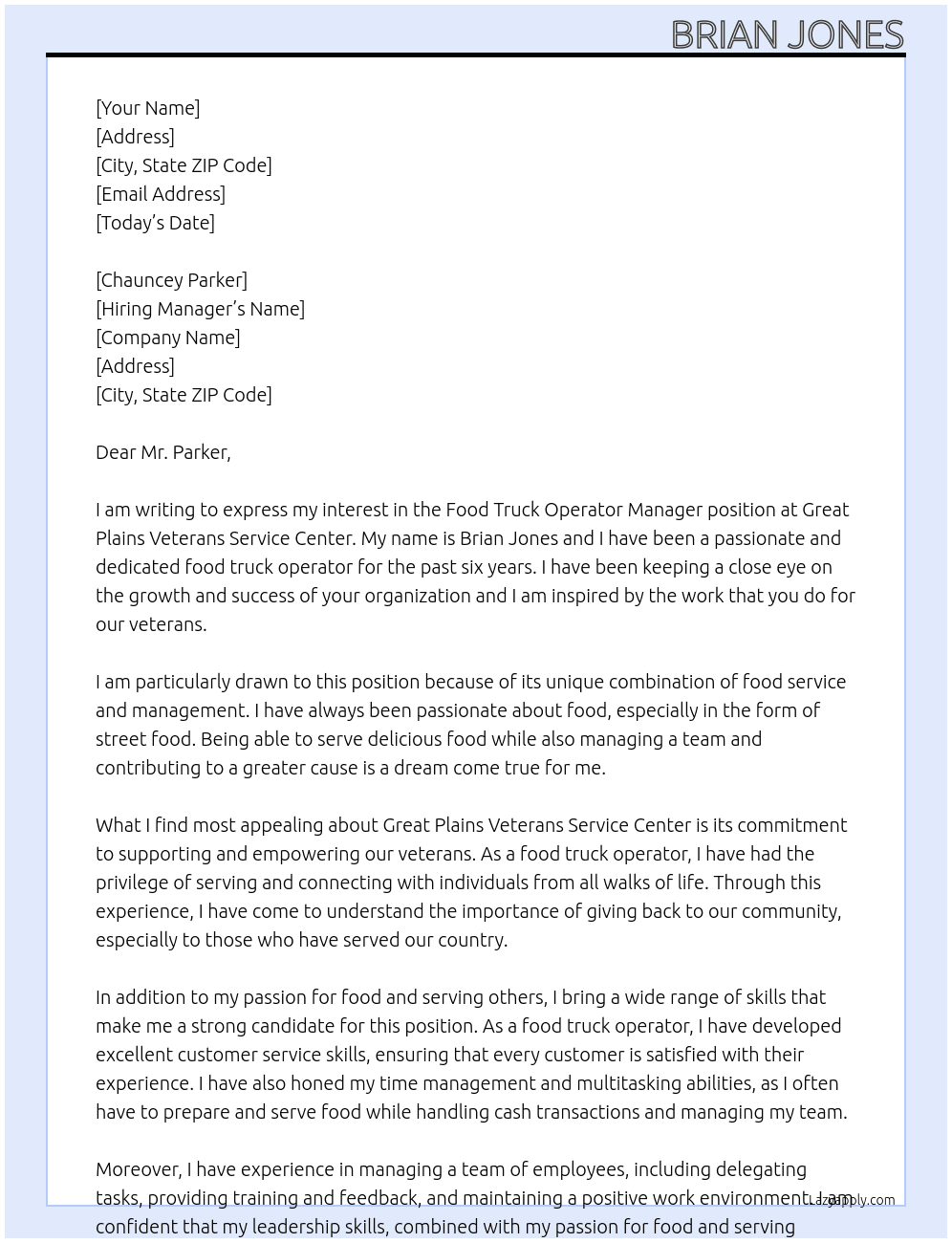 Food Truck Operator Manager At Great Plains Veterans Service Center Cover Letter