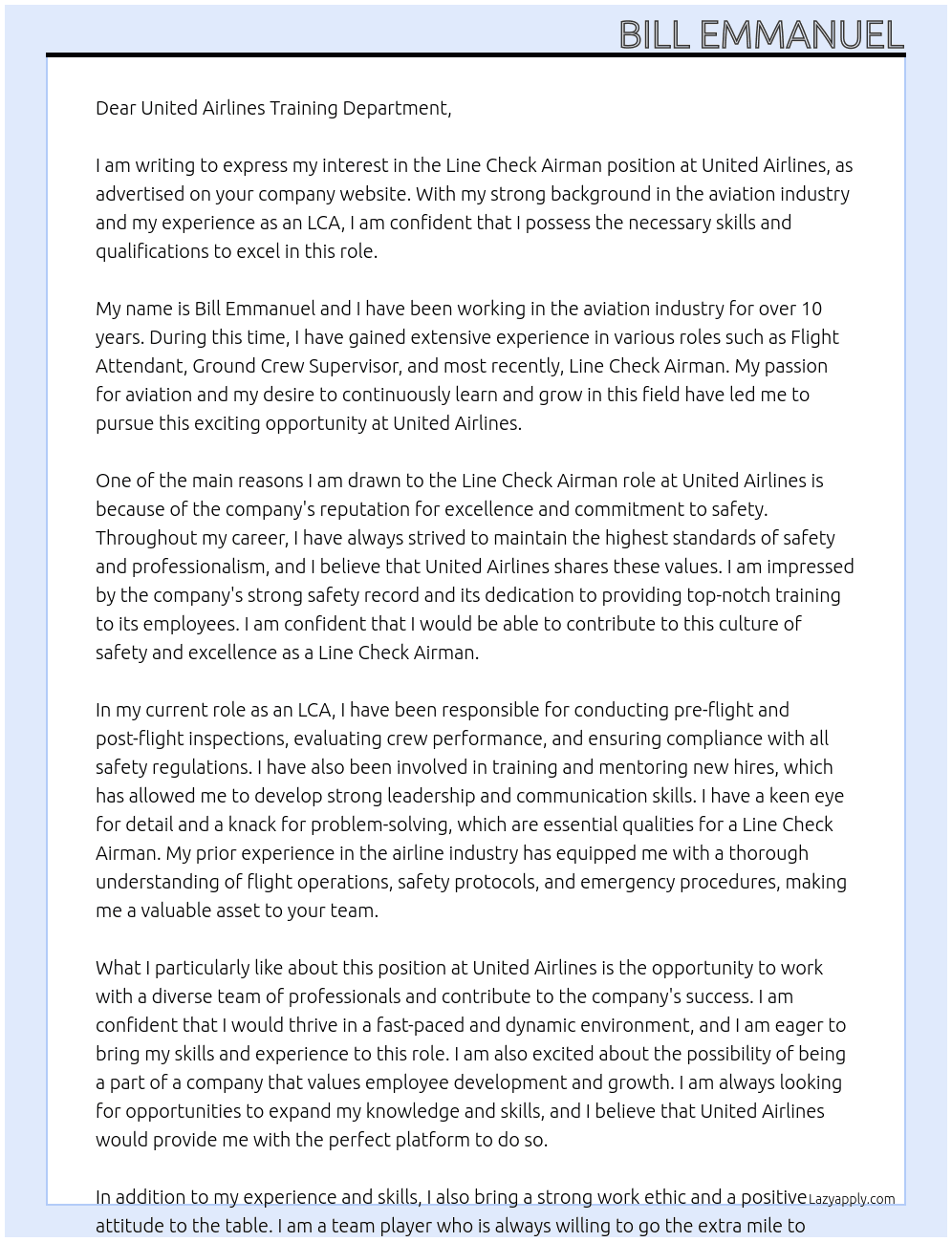 Line Check Airman At United Airlines Training department Cover Letter