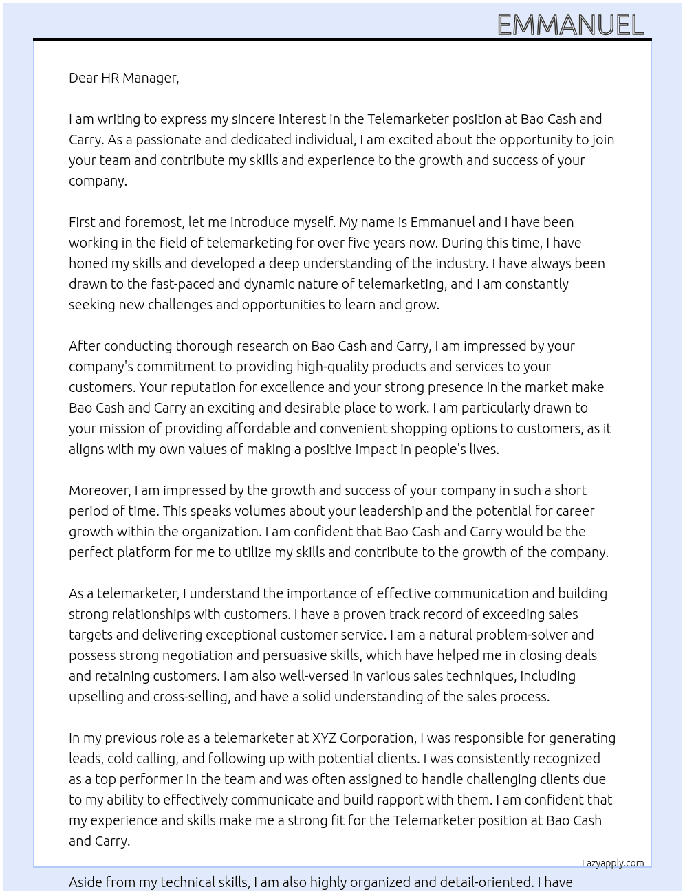 Telemarketer At Bao cash and carry  Cover Letter