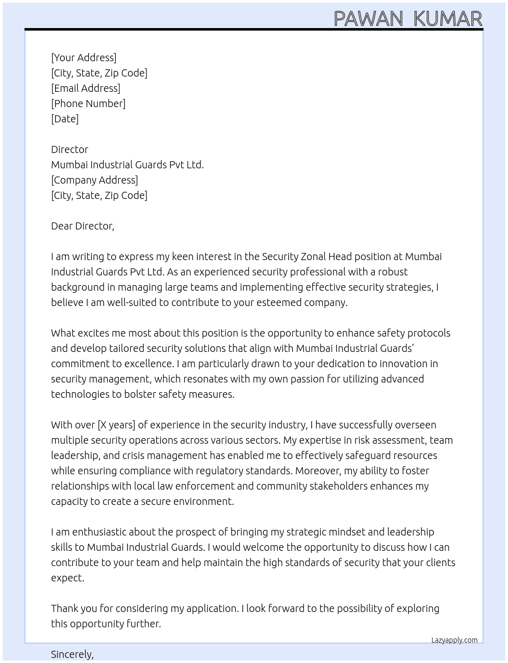 security zonal head At Mumbai Industrial Guards Pvt Ltd. Cover Letter