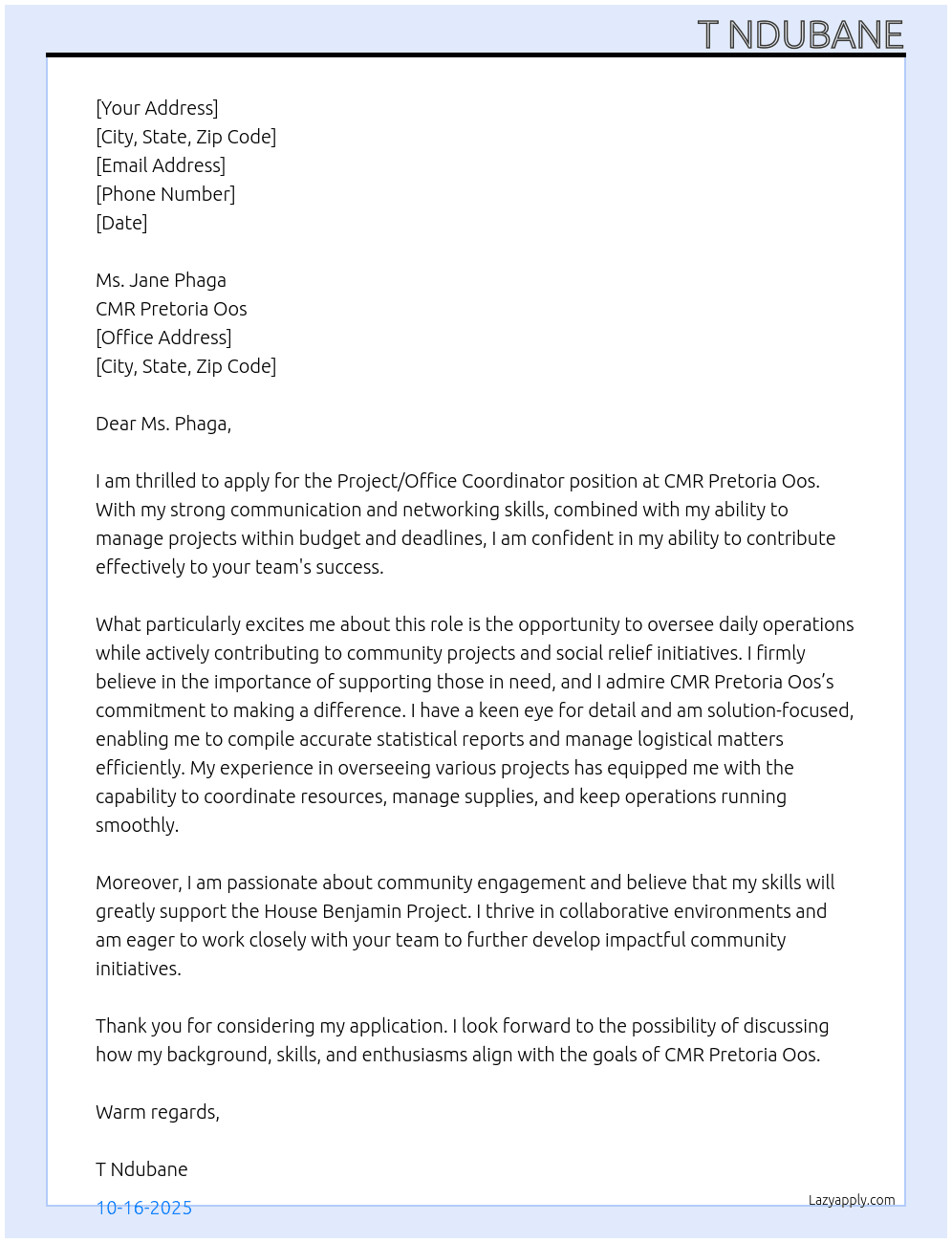 Project/Office Coordinator At CMR Pretoria Oos Cover Letter