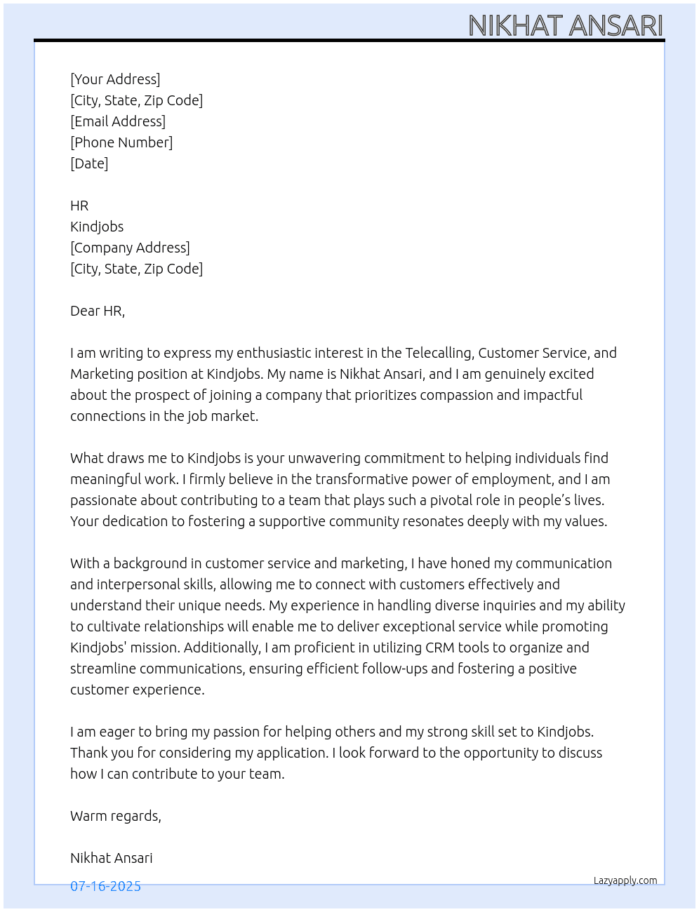 Tellecalling, customer service, marketing  At Kindjobs Cover Letter
