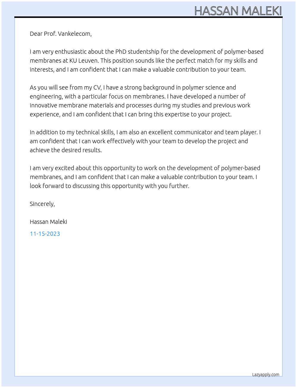 PhD students for development of polymer-based membranes At KU Leuven Cover Letter