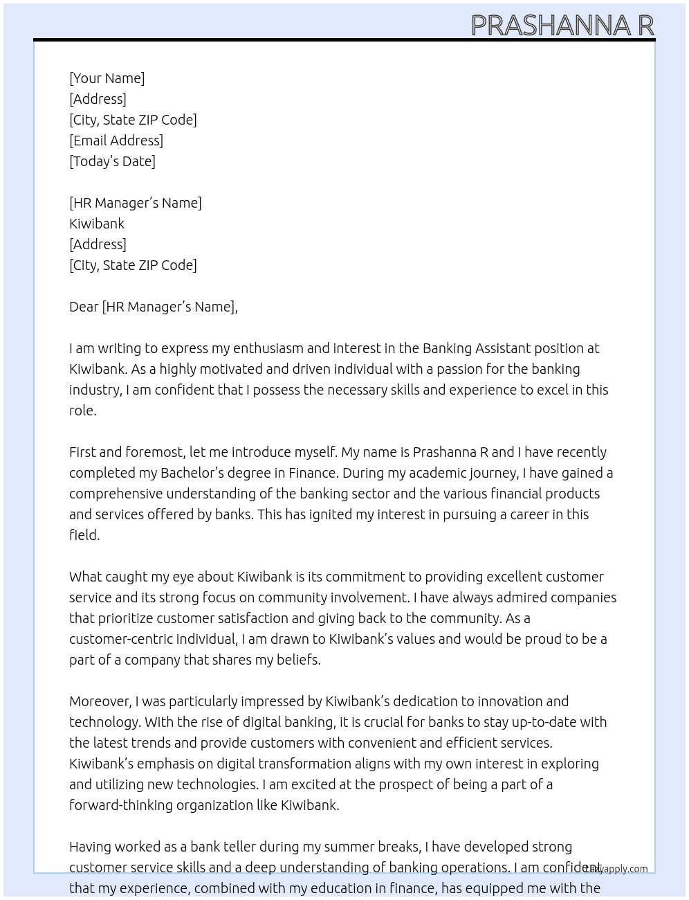 Banking assistant  At Kiwibank Cover Letter