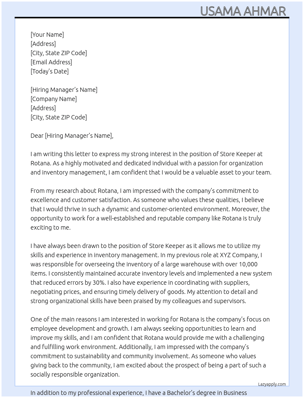 store Keeper  At Rotana  Cover Letter
