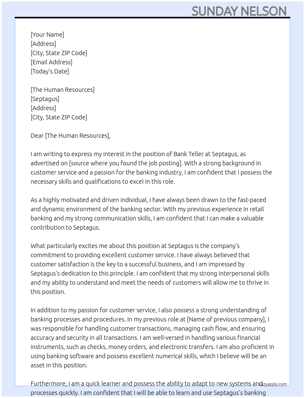 Bank Tellar At Septagus Cover Letter