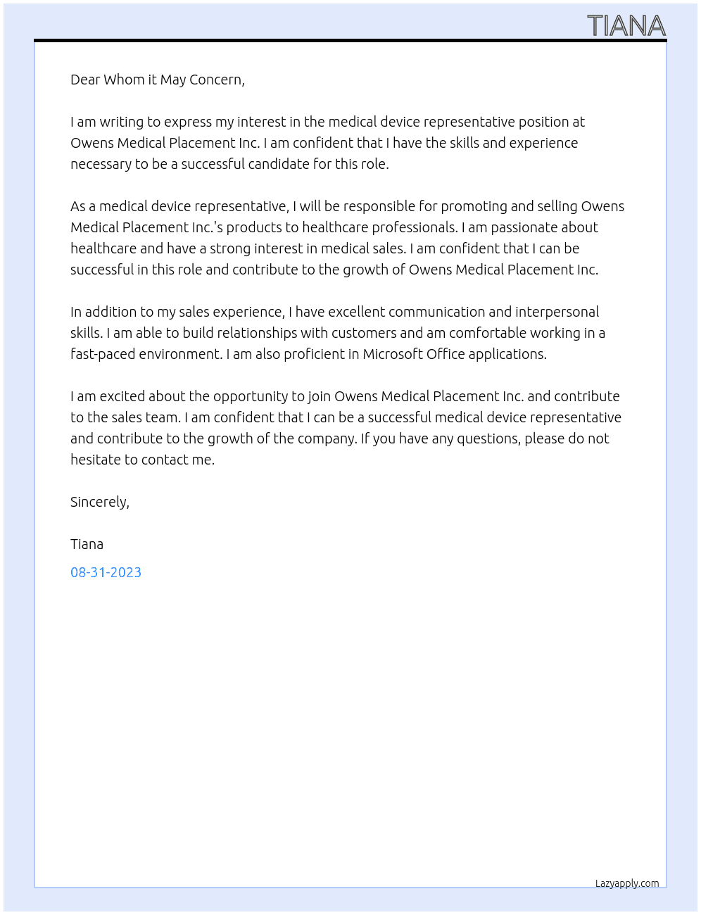 Medical device representative At Owens Medical Placement Inc. Cover Letter