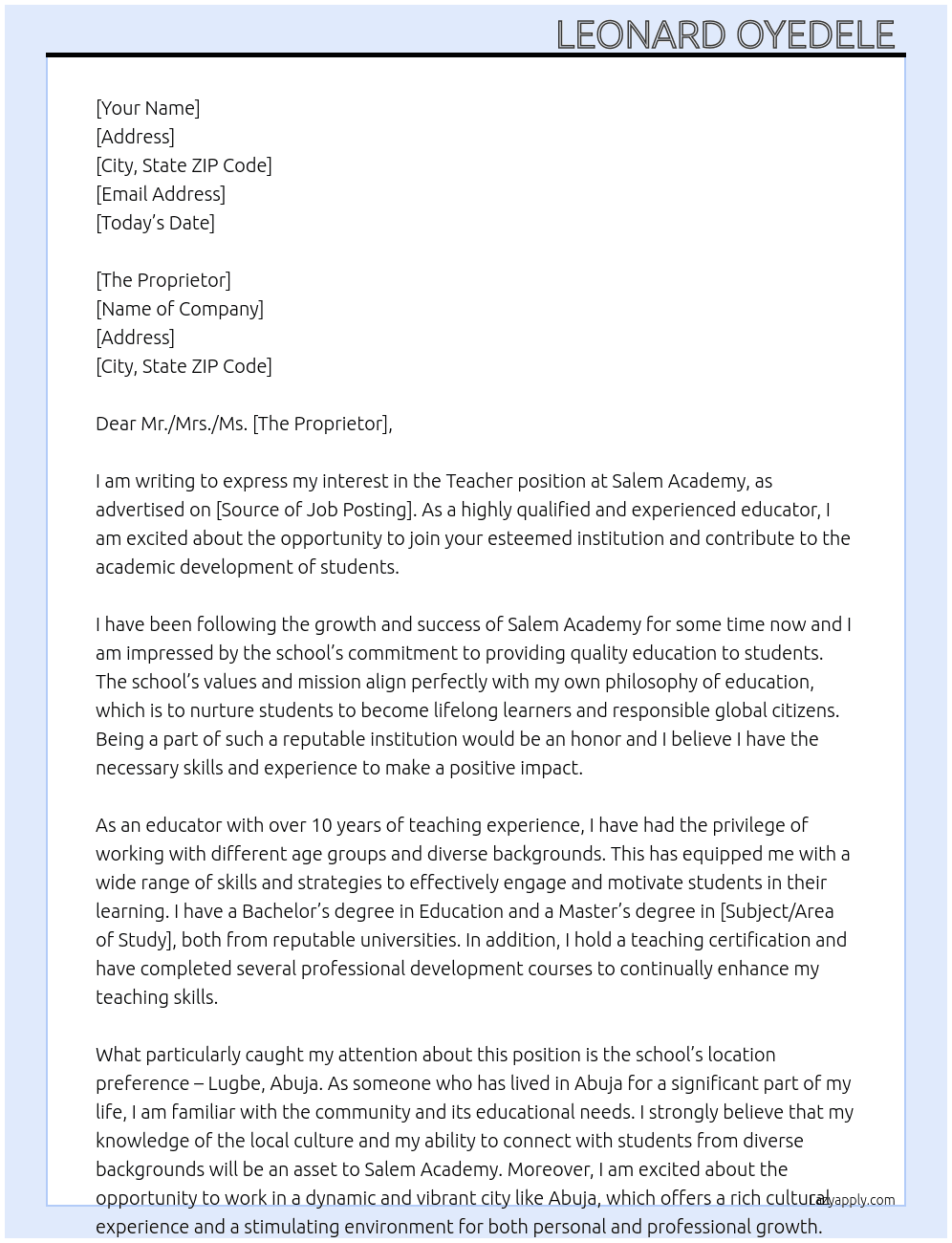 Teacher At Salem Academy  Cover Letter