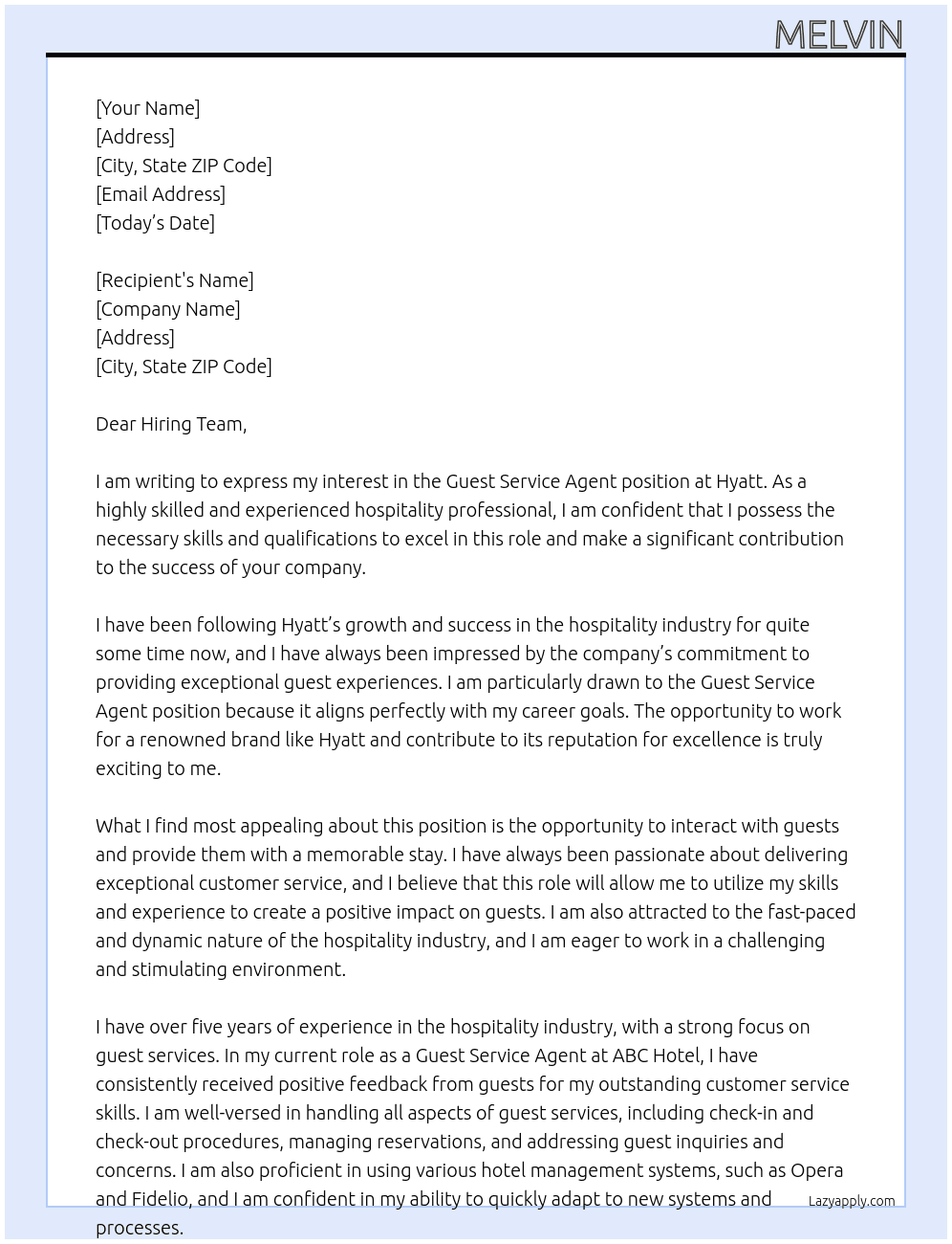 Guest service agent At Hyatt Cover Letter