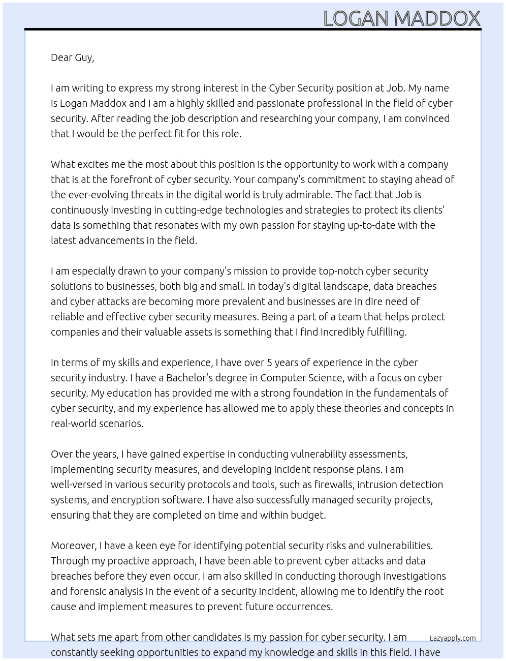 Cyber Security At Job Cover Letter