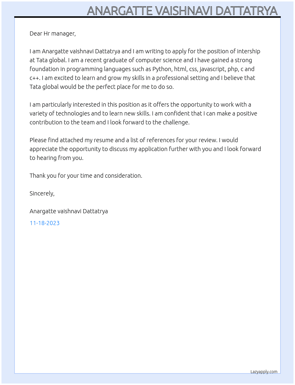 Intership  At Tata global  Cover Letter