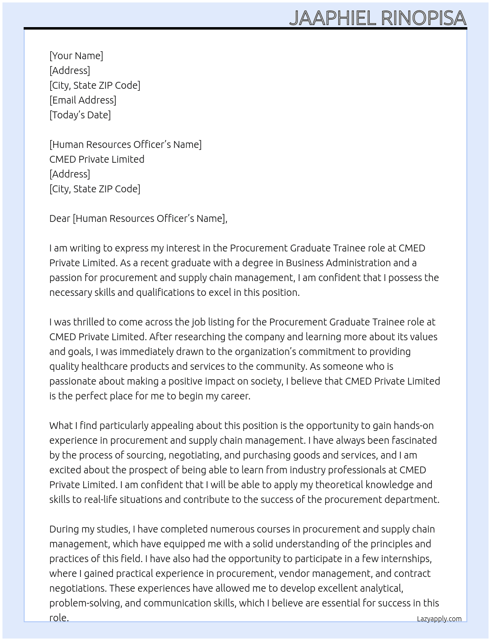 Procurement  At CMED Private Limited  Cover Letter