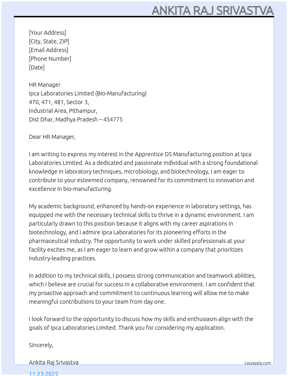 Cover letter for application for apprentice ds manufacturing - LazyApply